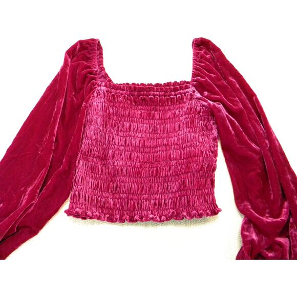 Anthropologie Velvet Smocked Peasant Blouse Long Sleeve Magenta Pink Crop Medium - Picture 1 of 5